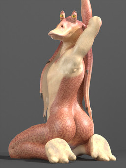 anthro butt butt_focus eyestalks featureless_chest feet kneeling looking_at_viewer looking_back looking_back_at_viewer male rear_view solo yellow_eyes ocsda epic_games fortnite lucasfilm star_wars jar_jar_binks alien gungan otolla_gungan 3:4 3d_(artwork) blender_(artwork) digital_media_(artwork) hi_res