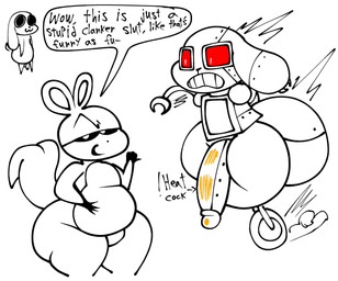 angry anthro duo gesture hand_gesture machine male male/male pointing reaching_towards_another smug text thick_thighs wheel_feet lucaslora chikn_nuggit chikn_nuggit_(chikn_nuggit) hawt_saus_(chikn_nuggit) robot_chikn bird_dog canid canine canis domestic_dog golden_retriever hunting_dog mammal retriever robot squirell english_text hi_res