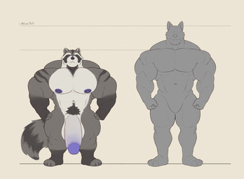 4_toes abs anthro areola arm_markings balls barazoku biceps big_balls big_muscles big_nipples big_pecs big_penis biped black_claws claws closed_smile comparing countershade_face countershade_fur countershade_torso countershading deltoids dot_eyes duo facial_markings featureless_crotch feet fingerless_(marking) fingerless_gloves_(marking) fingers fist flaccid foreskin front_view fur fur_markings genitals glans gloves_(marking) grey_body grey_fur grey_pubes head_markings huge_balls huge_muscles huge_penis humanoid_genitalia humanoid_hands humanoid_penis hyper hyper_balls hyper_genitalia hyper_muscles hyper_penis imperial_unit larger_anthro larger_male leg_markings looking_at_viewer looking_forward male male_anthro manly markings mask_(marking) measurements metric_unit mouth_closed multicolored_body multicolored_fur muscular muscular_anthro muscular_male navel nipples nude nude_anthro nude_male number pecs penis plantigrade pubes purple_areola purple_eyes purple_glans purple_nipples purple_nose quads retracted_foreskin ring_(marking) ringed_tail shoulder_markings silhouette simple_background simple_eyes size_difference small_but_hung smaller_anthro smaller_male smile socks_(marking) standing stated_height striped_markings striped_tail stripes tail tail_markings text toe_claws toeless_(marking) toeless_socks_(marking) toes trapezius triceps v-cut vein veiny_penis white_balls white_body white_countershading white_fur theor canid canine canis mammal procyonid raccoon digital_drawing_(artwork) digital_media_(artwork) flat_colors full-length_portrait handwritten_text hi_res portrait