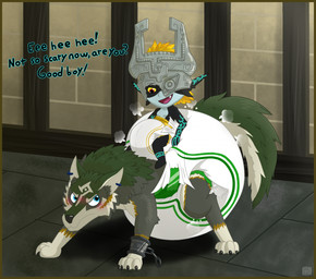 ageplay big_diaper blonde_hair blue_eyes border brick brick_floor brick_wall claws cuff_(restraint) diaper duo ear_piercing female fluffy fluffy_tail fur fused_shadow hair huge_diaper infantilism inside male metal_cuffs multicolored_body multicolored_fur one_fang paws piercing pointy_ears red_eyes restraints roleplay runes snout tail wall_(structure) wooden_beam yellow_border yellow_sclera bougie nintendo the_legend_of_zelda twilight_princess link_(wolf_form) midna canid canine canis mammal twili wolf hi_res