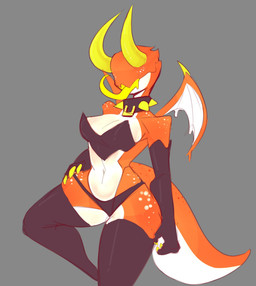 2_horns anthro biped breasts clothing collar eyeless female grey_background hand_on_hip horn legwear long_tongue pose simple_background solo spiked_collar spikes standing tail thigh_highs tongue tongue_out wings yellow_tongue monty_smug imp scalie 2025 hi_res pinup