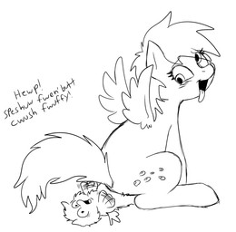 abuse ambiguous_feral ambiguous_gender baby_talk child_abuse constricted_pupils derp_eyes dialogue duo eyelashes feral fur hair looking_back lying on_back pupils sitting sitting_on_another size_difference small_pupils squish struggling tail text tongue tongue_out wings young young_ambiguous young_feral anonymous_artist fluffy_pony friendship_is_magic hasbro my_little_pony derpy_hooves_(mlp) fluffy_pony_(species) mammal black_and_white digital_media_(artwork) english_text monochrome
