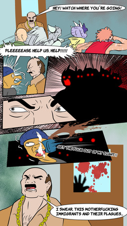 abstract_background anthro bald beanie beverage blood blue_beanie blue_clothing blue_hat blue_headwear bodily_fluids body_hair bone_frill brown_hair chain chain_necklace chest_hair clothing coffee dialogue facial_hair feathered_wings feathers female frill_(anatomy) gold_(metal) gold_chain gold_jewelry gold_necklace grey_body grey_eyes grey_hair grey_scales group hair hat headgear headwear hoodie jewelry light-skinned_male light_body light_skin long_hair male multicolored_body multicolored_scales mustache necklace orange_body orange_hair orange_scales pink_body pink_scales pink_stripes profanity purple_body purple_hair purple_scales red_clothing red_shirt red_tank_top red_topwear running scales shirt short_hair striped_body striped_scales stripes tank_top text topwear two_tone_body two_tone_scales wings yellow_body yellow_clothing yellow_hoodie yellow_scales yellow_topwear fuegosonic93 adult_swim aqua_teen_hunger_force cartoon_network cavemanon_studios goodbye_volcano_high ko_op_(game_developer) snoot_game anon_(snoot_game) background_character fang_(gvh) mr._carldewskii_(snoot_game) reed_(gvh) trish_(gvh) ceratopsian ceratopsid chasmosaurine dinosaur dromaeosaurid human mammal marginocephalian ornithischian prehistoric_species pterosaur reptile saurischian scalie theropod triceratops velociraptor 2025 4k 9:16 absurd_res comic digital_drawing_(artwork) digital_media_(artwork) english_text hi_res