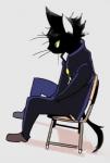 anthro biped black_body black_fur chair clothed clothing fur furniture high-angle_view japanese kemono looking_away male sitting solo uniform whiskers yellow_eyes 1boshi domestic_cat felid feline felis mammal low_res