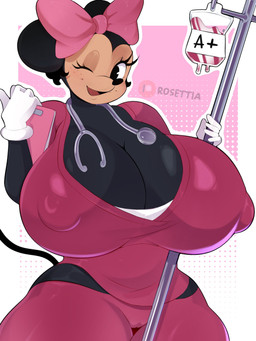 accessory anthro big_breasts blood_bag bow_ribbon breasts camel_toe cleavage clipboard clothed clothing eyelashes female freckles hair_accessory hair_bow hair_ribbon huge_breasts looking_at_viewer medical_instrument nipple_outline nurse one_eye_closed ribbons scientific_instrument scrubs solo stethoscope tail text thick_thighs wink winking_at_viewer rosettia disney patreon minnie_mouse mammal mouse murid murine rodent 3:4 artist_name hi_res