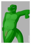 anthro blue_eyes border flaccid foreskin genitals green_body green_scales grey_background humanoid_genitalia humanoid_penis looking_at_viewer male navel penis scales simple_background slightly_chubby smile solo white_border orbitalis alligator alligatorid crocodilian reptile scalie absurd_res hi_res