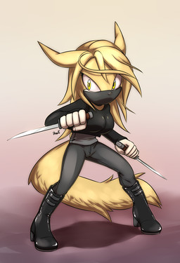 5_fingers action_pose anthro big_breasts black_clothing black_footwear black_mask black_topwear blonde_hair bottomwear breasts clothing dagger dual_wielding female fingers fluffy fluffy_tail footwear fur grey_background grey_bottomwear grey_clothing hair holding_object holding_weapon horn looking_away mask melee_weapon pose sash simple_background solo standing tail topwear weapon yellow_body yellow_eyes yellow_fur yellow_horn krazyelf sega sonic_the_hedgehog_(series) fan_character lion_the_hybrid bovid bovine cattle felid hybrid lion mammal pantherine hi_res