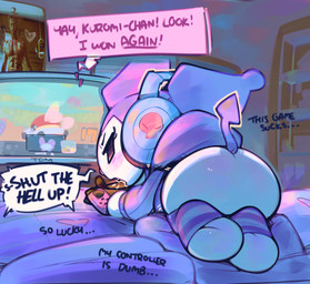 ambiguous_anthro ambiguous_gender angry anthro bed bottomless bottomless_ambiguous bottomless_anthro butt chibi clothed clothed_ambiguous clothed_anthro clothing command_to_look controller detailed_background dialogue electronics ellipsis empty_eyes exclamation_point eyebrows eyelashes featureless_butt featureless_feet featureless_hands feet footwear furniture game_controller gamer_girl gaming headphones hoodie inside legwear lying lying_on_bed monotone_body on_bed open_mouth pattern_clothing pattern_legwear pattern_thigh_highs pink_speech_bubble playing_video_game plushie rear_view short_tail shut_up simple_eyes skull_symbol socks solo spade_tail speech_bubble striped_clothing striped_legwear striped_thigh_highs stripes stylized_empty_eyes tail talking_to_another television text thigh_highs toeless_footwear toeless_socks topwear white_body white_speech_bubble yelling ligma_(artist) mario_kart_world marvel nintendo nintendo_switch_2 onegai_my_melody sanrio kuromi my_melody wolverine_(marvel) demon lagomorph leporid mammal rabbit 2025 digital_media_(artwork) english_text full-length_portrait hi_res portrait shaded soft_shading female_(lore)