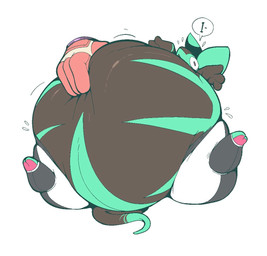 2_toes 4_fingers anthro belly big_belly big_ears black_body bloated bodily_fluids bottomwear clothing dialogue duo feet fingers green_body hand_on_belly huge_belly hyper hyper_belly immobile inflation male pants plant speech_bubble sweat sweatdrop toes wardrobe_malfunction wide_hips boot_(artist) dyson_(boot) alien elemental_creature flora_fauna mammal mouse murid murine rodent 2020 colored