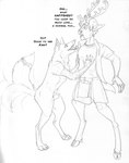 animal_genitalia anthro antlers bottomwear clothing dialogue duo feral feral_with_hands fully_sheathed fur genitals hair hooves horn kilt male open_mouth paws penis penis_tip sheath tail tail_motion tailwag text unguligrade arania the_cabin_in_the_woods_(arania) dave_(tcitw) keith_(tcitw) canid canine deer fox mammal comic english_text hi_res monochrome herm_(lore)