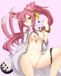 bracelet breasts candy clothed clothing dessert eyewear fangs female food genitals glasses hair jewelry lollipop multi_tail navel open_clothing open_shirt open_topwear orange_eyes panties partially_clothed pink_hair ponytail pussy shirt solo tail teeth topwear underwear nagamon arc_system_works blazblue kokonoe_mercury animal_humanoid cat_humanoid felid felid_humanoid feline feline_humanoid humanoid mammal mammal_humanoid 4:5 hi_res