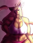 ahoge anthro biceps big_breasts black_eyes blonde_hair breasts clothed clothing crop_top curvy_female curvy_figure ear_twitch eyeshadow female hair inner_ear_fluff lipstick long_hair makeup markings midriff mole_(marking) muscular muscular_female navel panties shirt smile solo tail topwear tuft underwear wide_hips itzjaylock felid feline mammal hi_res