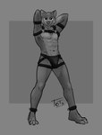 abs anthro barefoot clothing cuff_(restraint) feet jockstrap leather leather_clothing leather_cuffs leather_jockstrap leather_underwear looking_at_viewer male restraints simple_background smug solo underwear totobun canid canine mammal absurd_res greyscale hi_res monochrome unfinished