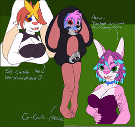 anthro blue_body blue_fur blush breasts brown_ears clothed clothing dialogue embarrassed eyewear female flirting fur glasses grey_body grey_fur group hair horn kigurumi male onesie open_mouth pink_body pink_fur pink_hair pink_nose red_hair simple_background smile standing tail teasing text text_with_heart trio wearing_glasses white_body white_fur zetsuyoshi mythology nintendo pokemon zetsu_(zetsuyoshi) canid canine canis cinderace demon dragon generation_4_pokemon generation_8_pokemon hybrid lagomorph leporid lopunny mammal mythological_creature mythological_scalie pokemon_(species) rabbit scalie wolf absurd_res comic digital_drawing_(artwork) digital_media_(artwork) english_text hi_res signature