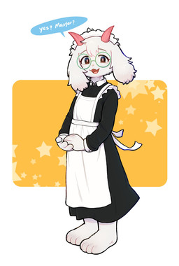 4_toes anthro apron barefoot black_clothing black_dress clothed clothed_anthro clothed_male clothing crossdressing dress eyewear fangs feet floppy_ears fluffy_ears fur glasses green_eyewear green_glasses horn lop_ears maid_headdress maid_uniform male master paws pink_horn simple_background solo speech_bubble teeth text toes uniform white_apron white_body white_clothing white_fur yukiyuno1760617 bovid caprine darkner goat mammal absurd_res english_text full-length_portrait hi_res portrait