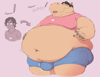 after_transformation anthro before_and_after belly belly_jiggle big_belly bulge butt clothed clothing demi_transformation directional_arrow eyewear glasses growth hand_on_belly human_to_anthro jiggling male moobs navel obese obese_anthro obese_male open_mouth overweight overweight_anthro overweight_male pencil_(object) pink_background sequential_arrow simple_background solo species_transformation standing tan_body tan_skin teeth text thick_thighs tight_clothing tongue transformation weight_gain writing_into_reality subakitsu common_hippopotamus hippopotamid human mammal english_text hi_res