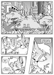 absurd_res ambiguous_gender anthro bench black_and_white canid canine city city_background cityscape clothed clothing comic dialogue duo english_text fox greyscale hi_res hybrid kif_yppreah kifyun2 male mammal monochrome necktie plant raphael_yppreah sibling_(lore) simple_background sitting speech_bubble tattoo text tree