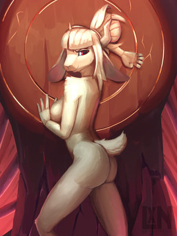 alternate_species anthro breasts female furrification goat_tail hair horn looking_at_viewer looking_back looking_back_at_viewer lying nude on_side red_eyes solo white_hair lennoxicon helltaker goat_lucifer_(helltaker) bovid caprine goat mammal 2020 3:4 hi_res