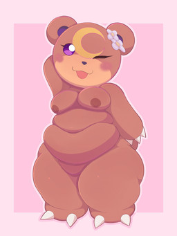 anthro belly breasts claws featureless_crotch female nipples one_eye_closed open_mouth overweight overweight_female simple_background solo wink behniis nintendo pokemon fan_character jubbi lily_(jubbimafu) generation_2_pokemon pokemon_(species) teddiursa 3:4 absurd_res hi_res