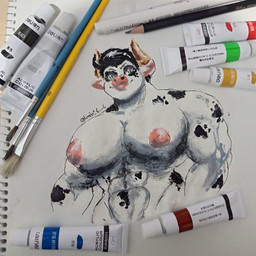anthro black_hair black_spots female fur green_eyes hair muscular muscular_anthro muscular_female nipples pink_nipples pink_nose solo spots white_body white_fur limbo6_6 ingrid_(limbo6_6) bovid bovine cattle holstein_friesian_cattle mammal absurd_res hi_res oil_painting_(artwork) painting_(artwork) traditional_media_(artwork) traditional_painting_(artwork)