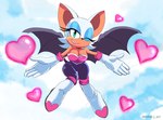 5_fingers anthro boots breasts cleavage clothed clothing cloud day eyeshadow female fingers flying footwear fur gloves handwear heart_symbol lipstick makeup one_eye_closed shoes smile solo tan_body tan_skin white_body white_fur wings wink steve_jones sega sonic_the_hedgehog_(series) rouge_the_bat bat mammal hi_res signature