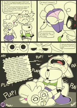 anthro bent_over big_breasts bodily_fluids breasts bulge cleavage clothed clothed_sex clothing dialogue duo eating eyewear female food forced garter_belt garter_straps glasses gynomorph horn hot_dog intersex intersex/female legwear orientation_play pattern_clothing pattern_underwear profanity rape saliva sex speech_bubble striped_clothing striped_underwear stripes sweat teary_eyes text thigh_highs underwear victim_blaming missmess laidy_liebre_(missmess) lana_(missmess) bovid caprine lagomorph leporid mammal rabbit sheep comic english_text hi_res