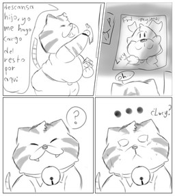 anthro bell bell_collar belly bodily_fluids border collar dialogue eyes_always_closed eyes_closed female male open_mouth question_mark scared slightly_chubby speech_bubble sweat text white_border ugly-rat15508 lucy_(ugly-rat15508) raymond_(ugly-rat15508) domestic_cat felid feline felis mammal comic monochrome spanish_text translation_request