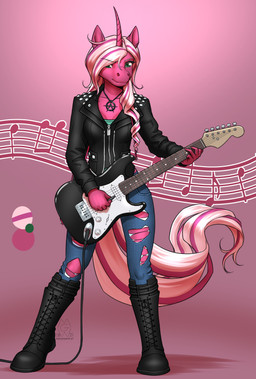 5_fingers anthro biped boots bottomwear breasts clothed clothed_anthro clothed_female clothing denim denim_bottomwear denim_clothing electric_guitar female fingers footwear front_view fully_clothed fully_clothed_female green_eyes guitar hair horn jeans musical_instrument pants pink_body pink_hair plucked_string_instrument shoes simple_background solo standing string_instrument topwear mykegreywolf mythology equid equine mammal mythological_creature mythological_equine unicorn 2025 absurd_res digital_drawing_(artwork) digital_media_(artwork) hi_res