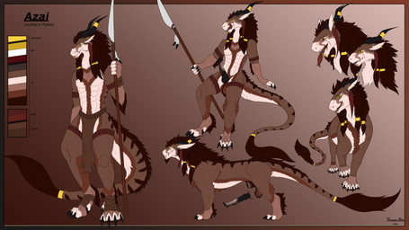 accessory animal_genitalia animal_penis anthro balls bottomwear brown_body brown_fur brown_hair claws clothing equine_genitalia equine_penis feral frenum_ladder frenum_piercing fur fur_markings furgonomics genital_piercing genitals hair horn horn_jewelry horn_ring hybrid_genitalia hybrid_penis jewelry knot knotted_equine_penis knotted_penis ladder_piercing loincloth male mane markings melee_weapon penis penis_piercing piercing polearm ring ring_(jewelry) solo spear tail tail_accessory tail_jewelry tail_ring tan_body tan_fur tongue tongue_out weapon hunamarts azai_(hunam) felkin 16:9 absurd_res hi_res model_sheet widescreen