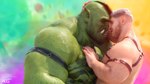 duo fangs green_body green_skin hug humanoid_pointy_ears intimate male male/male pointy_ears romantic romantic_couple size_difference tattoo teeth ad-games boruk_(ad-games) johnathan_(ad-games) human humanoid mammal orc 16:9 hi_res widescreen