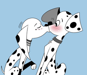 black_body black_fur black_nose black_spots blush blush_lines collar collar_tag duo female feral floppy_ears freckled_face freckles fur grey_collar kissing leg_markings male markings socks_(marking) spots spotted_body spotted_fur star_collar_tag white_body white_fur seisai1751 101_dalmatian_street 101_dalmatians disney dolly_(101_dalmatians) dylan_(101_dalmatians) canid canine canis dalmatian domestic_dog mammal greyscale hi_res monochrome