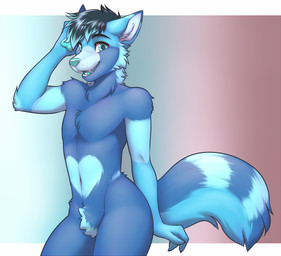 ambiguous_gender anthro biped blue_body blue_eyes blue_fur blue_hair blue_nose featureless_crotch fur hair heart_symbol nude smile solo tail teeth lockworkorange ailurid mammal red_panda 2020 character_request digital_media_(artwork) shaded