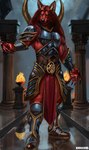 anthro armor brazier fantasy fire fur greek male night red_body red_fur ruins solo ekoi1995 varro canid canine canis mammal wolf hi_res