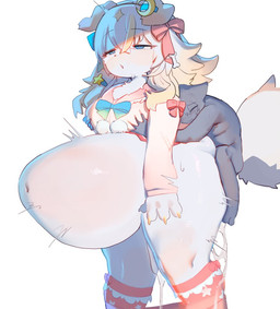 accessory anthro belly big_belly big_breasts big_penis blonde_hair blue_eyes blush bodily_fluids bow_ribbon breast_grab breasts cum cum_inflation cum_inside cum_waterfall duo excessive_cum excessive_genital_fluids female fur genital_fluids genitals grey_body grey_fur hair hair_accessory hand_on_breast huge_penis huge_thighs hyper hyper_genitalia hyper_penis inflation larger_female leaking_cum looking_at_viewer male male/female motion_lines multicolored_hair open_mouth penetration penis simple_background size_difference smaller_male sweat sweatdrop tail thick_thighs vaginal vaginal_penetration white_body white_fur white_hair utterangle monster_musume_td pent_(monster_musume_td) ambiguous_species canid canine canis domestic_dog mammal