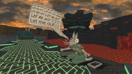 4_toes anthro armor barefoot bodily_fluids brown_body brown_fur building clothed clothing crooked_whiskers crying dialogue double-barreled_shotgun eyelashes feet female flower_on_head fully_clothed fur kneeling lava paws screencap screencap_background sky solo speech_bubble tears text toes gompami doom_(series) id_software microsoft daisy_(doom) lagomorph leporid mammal rabbit 2026 digital_media_(artwork) english_text hi_res