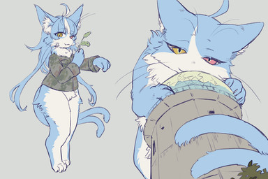 4_toes ahoge alternate_form ambiguous_anthro ambiguous_feral ambiguous_gender anthro barefoot biped blue_body blue_ears blue_fur blue_hair blue_inner_ear blue_tail bottomless bottomless_ambiguous bottomless_anthro building camo camo_clothing camo_jacket camo_print camo_topwear cheek_tuft claws climbing clothed clothing countershade_face countershade_fur countershade_hands countershade_legs countershade_neck countershade_torso countershading crotch_tuft eyelashes facial_tuft featureless_crotch feet feral feralized fluffy forked_tail fur grey_background hair half-closed_eyes heterochromia hindpaw hip_tuft holding_object humanoid_hands inner_ear_fluff kemono long_hair looking_at_viewer low-angle_view macro macro_feral monotone_tail multicolored_body multicolored_fur multicolored_hair narrowed_eyes neck_tuft pattern_clothing pattern_topwear paws pink_eyes pupils ruff short_hair simple_background slit_pupils smile solo standing tail tail_coil three-quarter_view toe_claws toes topwear tuft two_tone_body two_tone_fur two_tone_hair unusual_anatomy unusual_tail whiskers white_body white_countershading white_fur white_hair white_inner_ear_fluff worm's-eye_view yellow_eyes namamekasumi japan_air_self-defense_force omaneko_(jasdf) domestic_cat felid feline felis mammal 2025 3:2 colored digital_media_(artwork) flat_colors full-length_portrait hi_res multiple_images portrait male_(lore)