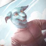 anthro biped black_lips black_nose blue_body blue_ears blue_fur brown_eyes clothing cloud detailed_background floppy_ears fur lips male shirt sky smile solo teeth topwear conditional_dnp ratte commander_keen id_software microsoft alien canid mammal vorticon 1:1 2019 digital_media_(artwork) half-length_portrait portrait signature