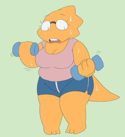 anthro belly big_breasts bodily_fluids bottomwear breasts cleavage clothed clothing dolphin_shorts exercise eyewear female fully_clothed glasses non-mammal_breasts shorts shortstack shortstack_female slightly_chubby slightly_chubby_female solo stocky sweat tail thick_tail thick_thighs weightlifting workout alpi undertale undertale_(series) alphys lizard reptile scalie 2021 archived_source