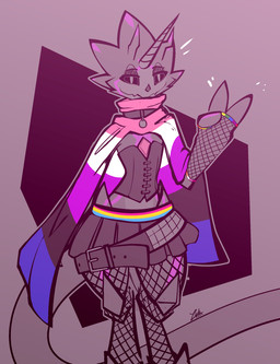 ambiguous_gender anthro armwear belt bottomwear cloak clothing collar collar_tag corset fishnet_armwear fishnet_clothing fishnet_legwear genderfluid_pride_colors gesture hand_gesture horn legwear lesbian_pride_colors lgbt_pride lingerie long_tail looking_at_viewer pansexual_pride_colors pride_color_clothing pride_colors rainbow_flag rainbow_pride_flag rainbow_symbol skirt small_waist smile smiling_at_viewer tail topwear v_sign conditional_dnp lodi_(artist) bandai_namco digimon digimon_(species) gulusgammamon absurd_res hi_res
