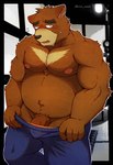 anthro belly black_nose blush brown_body brown_fur brown_penis clothing fur genitals humanoid_genitalia humanoid_hands humanoid_penis kemono male moobs nipples overweight overweight_male penis solo undressing iriai_inasa morenatsu juuichi_mikazuki bear mammal 2021 hi_res