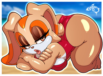 anthro big_butt biped breasts butt clothing crossed_arms eyelashes female glistening glistening_body one-piece_swimsuit pupils red_clothing solo swimwear tan_body thick_thighs renegade-157 sega sonic_the_hedgehog_(series) cream_the_rabbit lagomorph leporid mammal rabbit hi_res