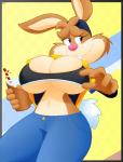 anthro big_breasts biped breasts brown_body brown_fur clothing crossgender female fur mascot milk solo tight_clothing slickehedge nesquik nesquik_bunny lagomorph leporid mammal rabbit hi_res