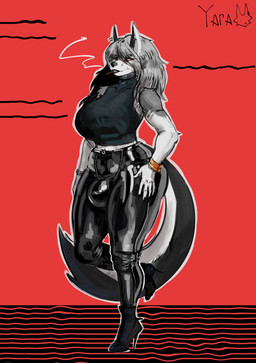 big_breasts big_bulge boots bottomwear breasts bulge clothing footwear glistening glistening_bottomwear glistening_clothing gynomorph high_heeled_boots high_heels intersex latex latex_bottomwear latex_clothing latex_pants pants shoes smoking solo tail yaramoshi_satoshi hellaverse helluva_boss mythology loona_(helluva_boss) canid canid_demon canine canis demon hellhound mammal mythological_canine mythological_creature wolf absurd_res hi_res
