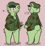 2023 3_toes anthro barefoot bear beret biped blush bottomless bottomless_anthro bottomless_male camo camo_clothing camo_print camo_topwear cheek_tuft chest_tuft clothed clothing colored digital_media_(artwork) ellipsis facial_tuft featureless_crotch feet flippy_(htf) flower fluffy fluffy_tail front_view full-length_portrait fur green_body green_clothing green_ears green_fur green_inner_ear green_shirt green_tail green_topwear happy_tree_friends hat headgear headwear hi_res hip_tuft holding_flower holding_object kemono kopeni_ko male mammal military_hat model_sheet monotone_body monotone_fur monotone_tail multiple_angles pattern_clothing pattern_topwear pink_background plant portrait rear_view scut_tail shirt short_tail simple_background solo standing tail three-quarter_view toes topwear tuft