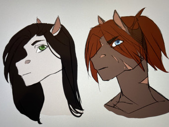 ambiguous_gender anthro black_hair blue_eyes brown_body brown_fur duo eye_through_hair facial_scar fur green_eyes hair hair_over_eye ponytail red_hair scar translucent translucent_hair white_body white_fur lotusgarden braska zitra_(lotusgarden) equid equine horse mammal headshot_portrait hi_res portrait sketch