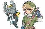 armor blonde_hair clothing duo ear_piercing ear_ring female hair headgear helmet humanoid_pointy_ears looking_at_viewer male markings not_furry piercing pointy_ears ring_piercing simple_background smile style_emulation white_background starbirbz nintendo the_legend_of_zelda twilight_princess link midna humanoid hylian imp twili 2021 hi_res