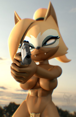 abs anthro areola blonde_hair blue_eyes breasts dark_body dark_skin fangs female gun hair handgun looking_at_viewer nude pistol ponytail pubes ranged_weapon solo teeth weapon m0lag idw_publishing sega sonic_the_hedgehog_(comics) sonic_the_hedgehog_(idw) sonic_the_hedgehog_(series) whisper_the_wolf canid canine canis mammal wolf 3d_(artwork) digital_media_(artwork) hi_res