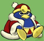 beak blue_body blue_eyes clothing coat feet green_background hat headgear headwear male overweight overweight_male simple_background sitting solo topwear yellow_feet starrberry kirby_(series) nintendo king_dedede avian bird penguin watermark