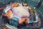 annoyed anthro areola belly belly_overhang big_belly black_body black_fur brown_body brown_fur claws duo eyes_closed fangs feet fur glowing hand_on_belly hot_tub larger_male lying male male/male mane moobs navel nipples nude obese on_back outside overweight overweight_male partially_submerged pawpads relaxing size_difference smaller_male smile steam striped_body stripes teeth thick_thighs tight_space water white_body white_fur yellow_body yellow_fur karrnade bear canid canine mammal 2022 hi_res pictographics