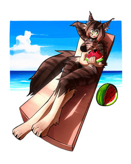 anthro bell bell_collar bikini black_bikini black_clothing black_swimwear clothing collar eyewear female food fruit fur fur_markings glasses gloves_(marking) green_eyes hair leg_markings markings melon multicolored_hair plant round_glasses sea socks_(marking) solo swimwear tuft two-piece_swimsuit two_tone_hair water watermelon watermelon_slice wearing_glasses gabiecillo tostada_(tlacuache) domestic_cat felid feline felis maine_coon mammal 4:5 absurd_res hi_res
